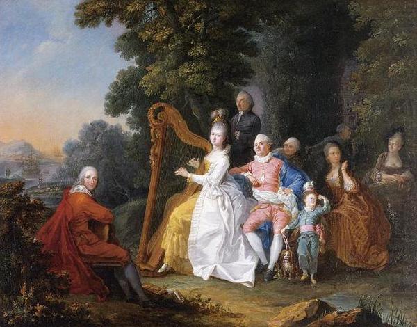 unknow artist An elegant party in the countryside with a lady playing the harp and a gentleman playing the guitar china oil painting image